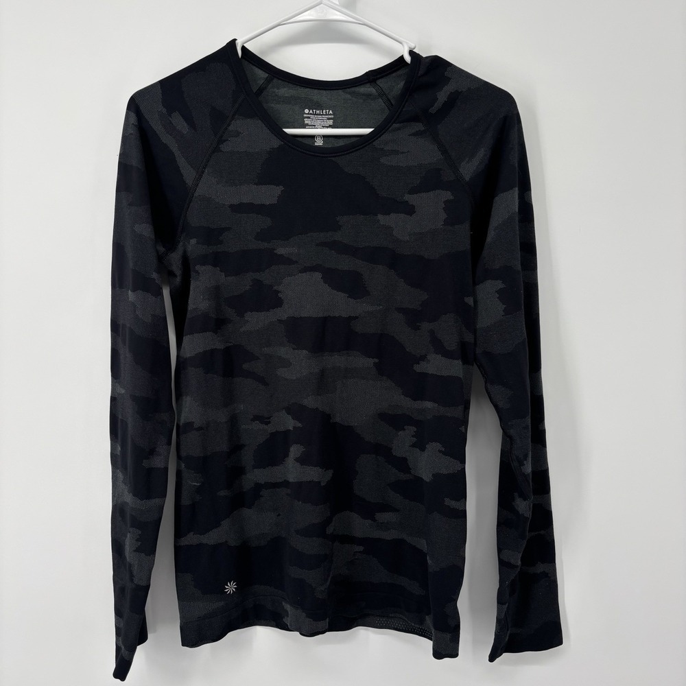 Athleta Speedlight Black Gray Camo Top Unstinkable Size Small Long Sleeve‎ Gym